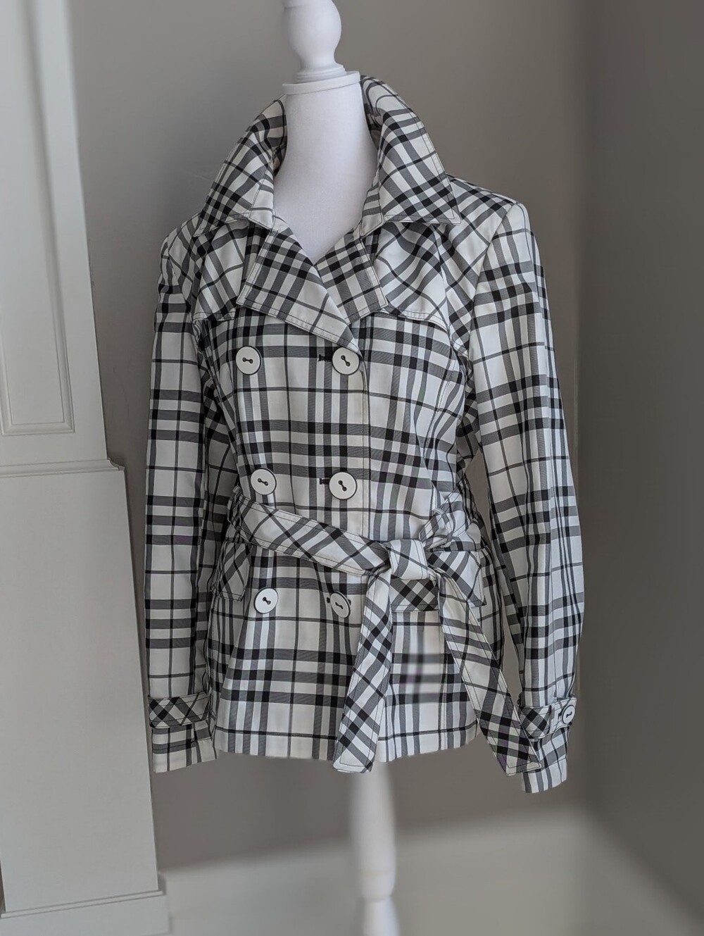 giacca Black & White Plaid Double-Breasted  Trench Style Rain Coat & Windbreaker - Picture 14 of 15